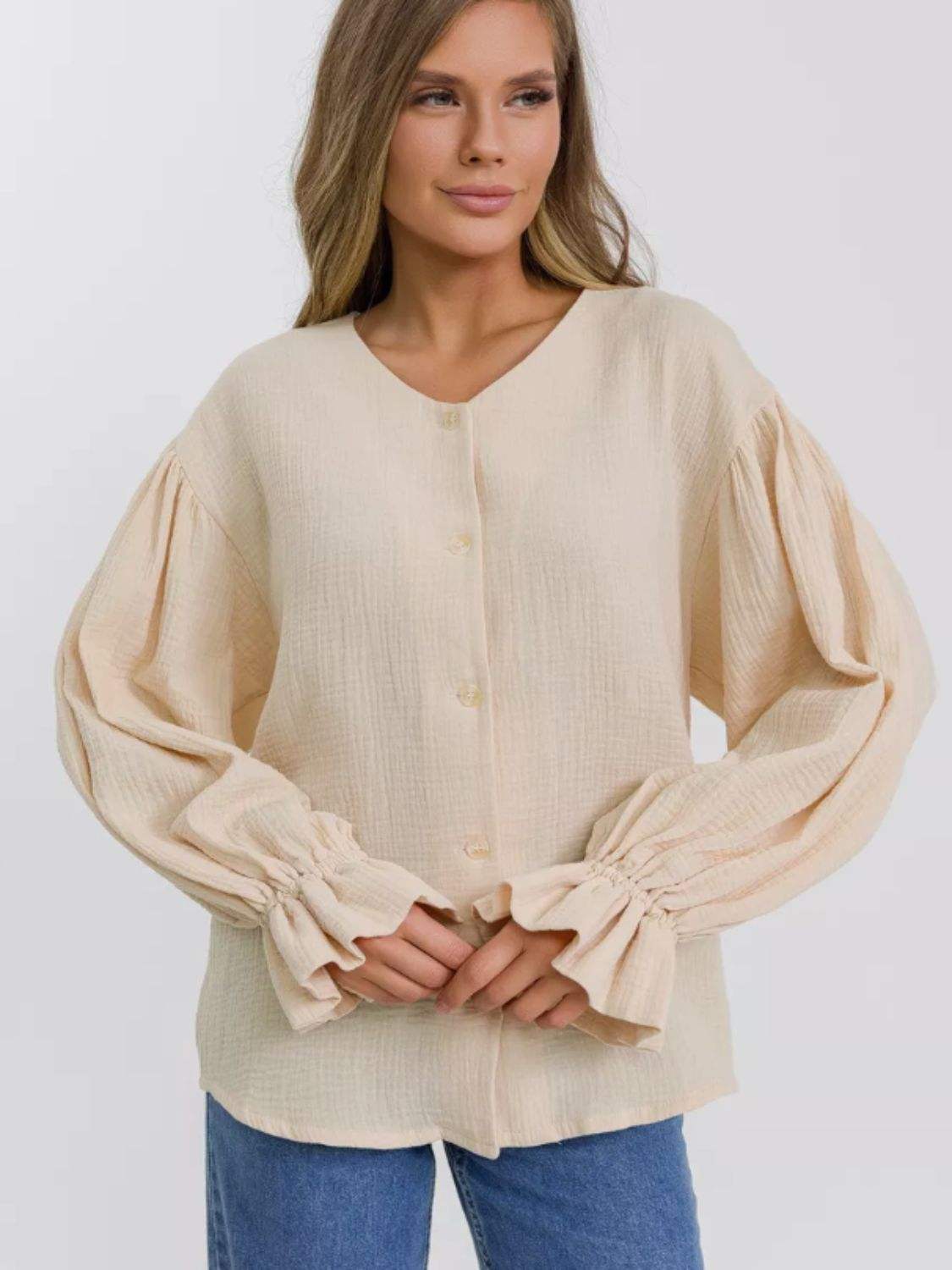 Button Up Flounce Sleeve Shirt - Trendsi - Flyclothing LLC