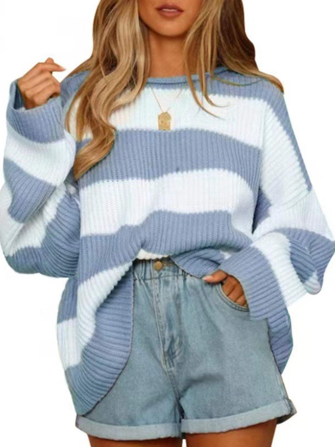Round Neck Long Sleeve Sweater - Trendsi - Flyclothing LLC