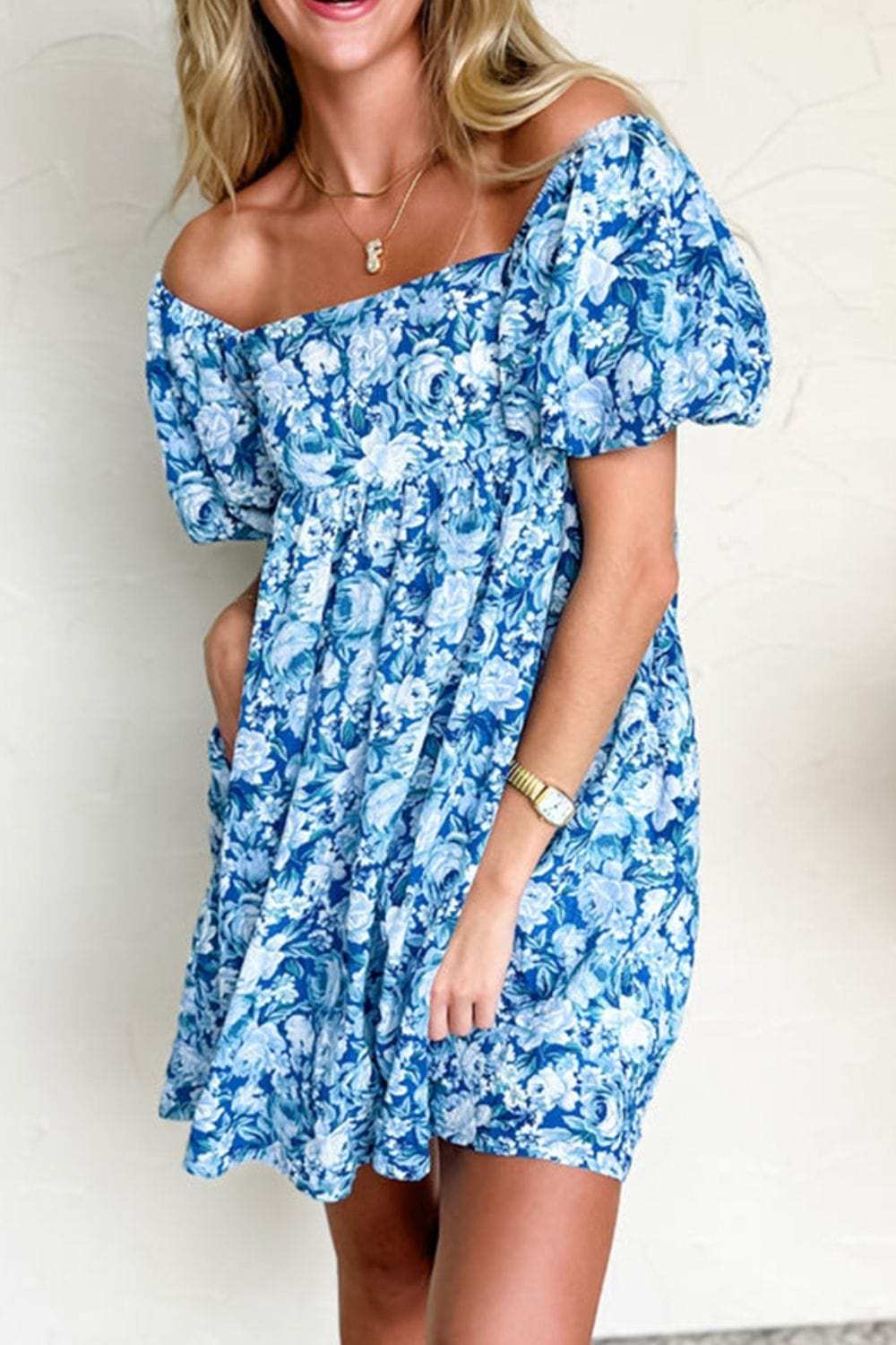 Floral Puff Sleeve Babydoll Mini Dress - Trendsi - Flyclothing LLC