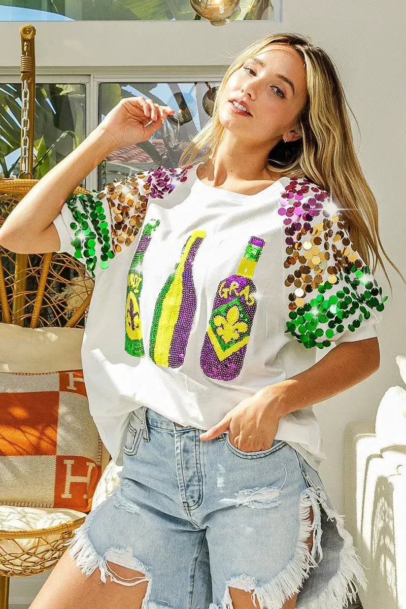 BiBi Sequin Mardi Gras Bottles Spangled Sleeve Top - Trendsi - Flyclothing LLC