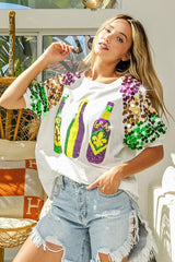 BiBi Sequin Mardi Gras Bottles Spangled Sleeve Top - Trendsi - Flyclothing LLC