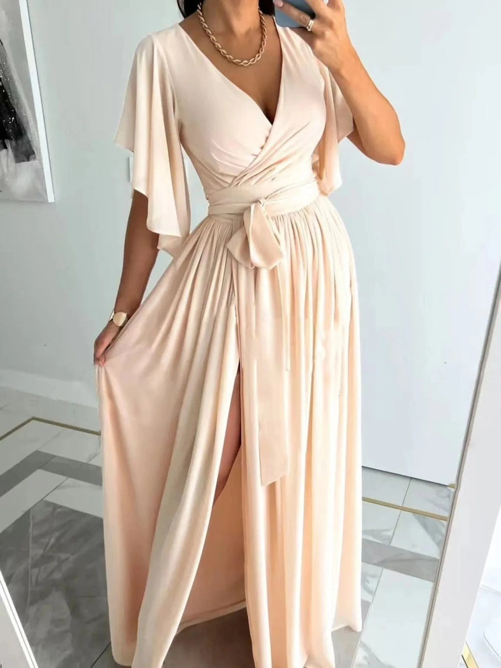 Flutter Sleeve Surplice Tie Waist Dress - Trendsi