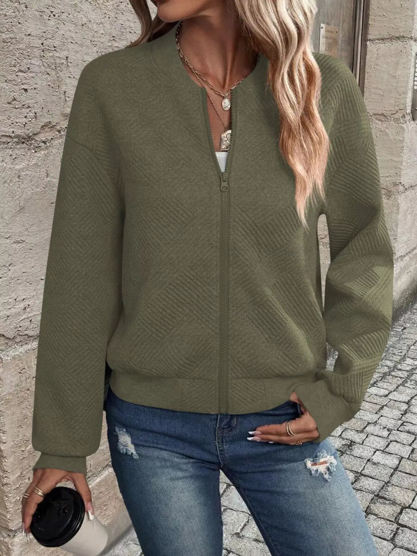 Texture Zip-Up Bomber Jacket - Trendsi - Flyclothing LLC