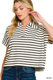 Zenana Striped Split Neck Collared Top - Trendsi - Flyclothing LLC