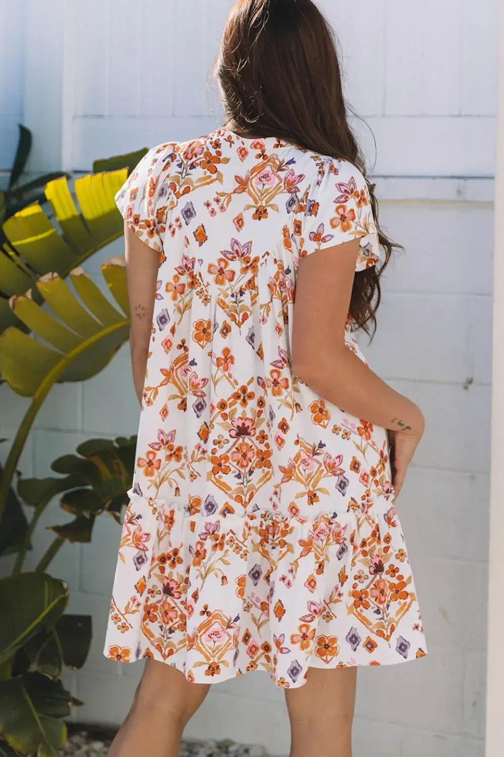 Printed Tie Neck Cap Sleeve Mini Dress - Trendsi - Flyclothing LLC