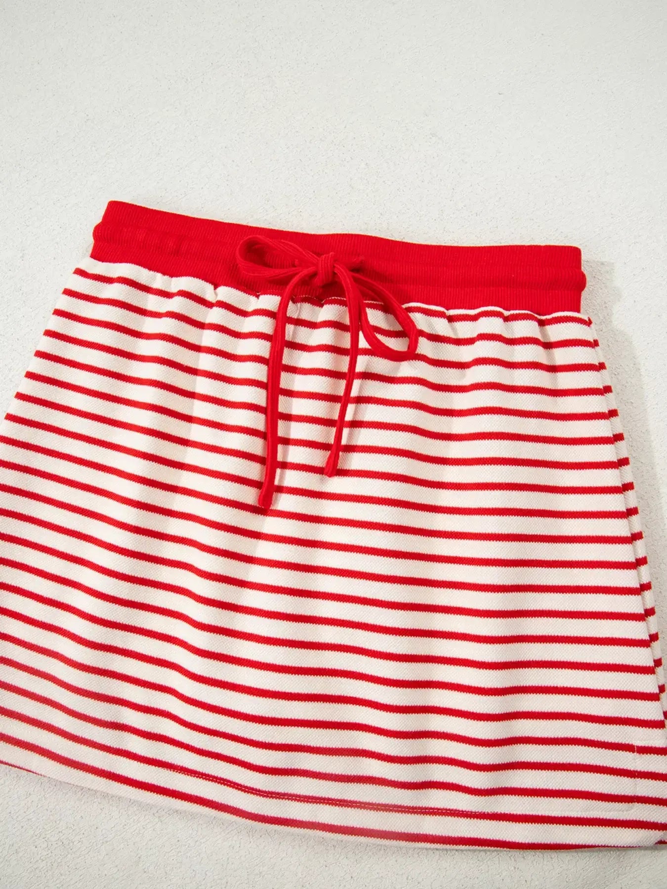 Stripe Collared V Neck Drop Shoulder Pullover and Skort 2pcs Outfit - Trendsi - Flyclothing LLC