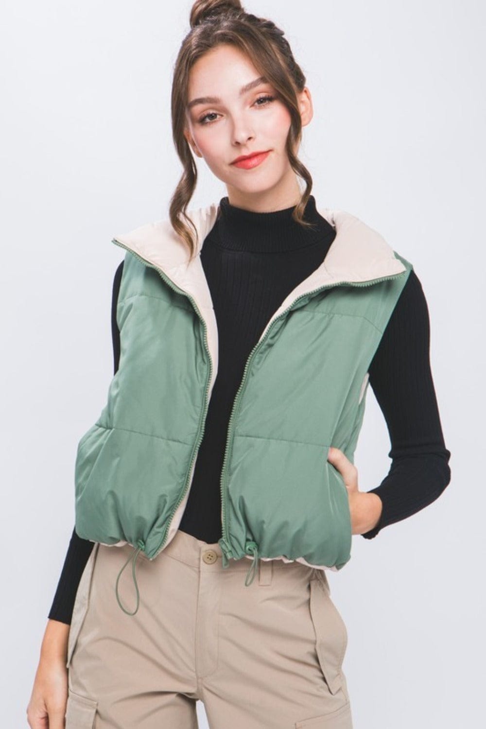 Love Tree Zip Up Cropped Contrast Reversible Vest - Trendsi