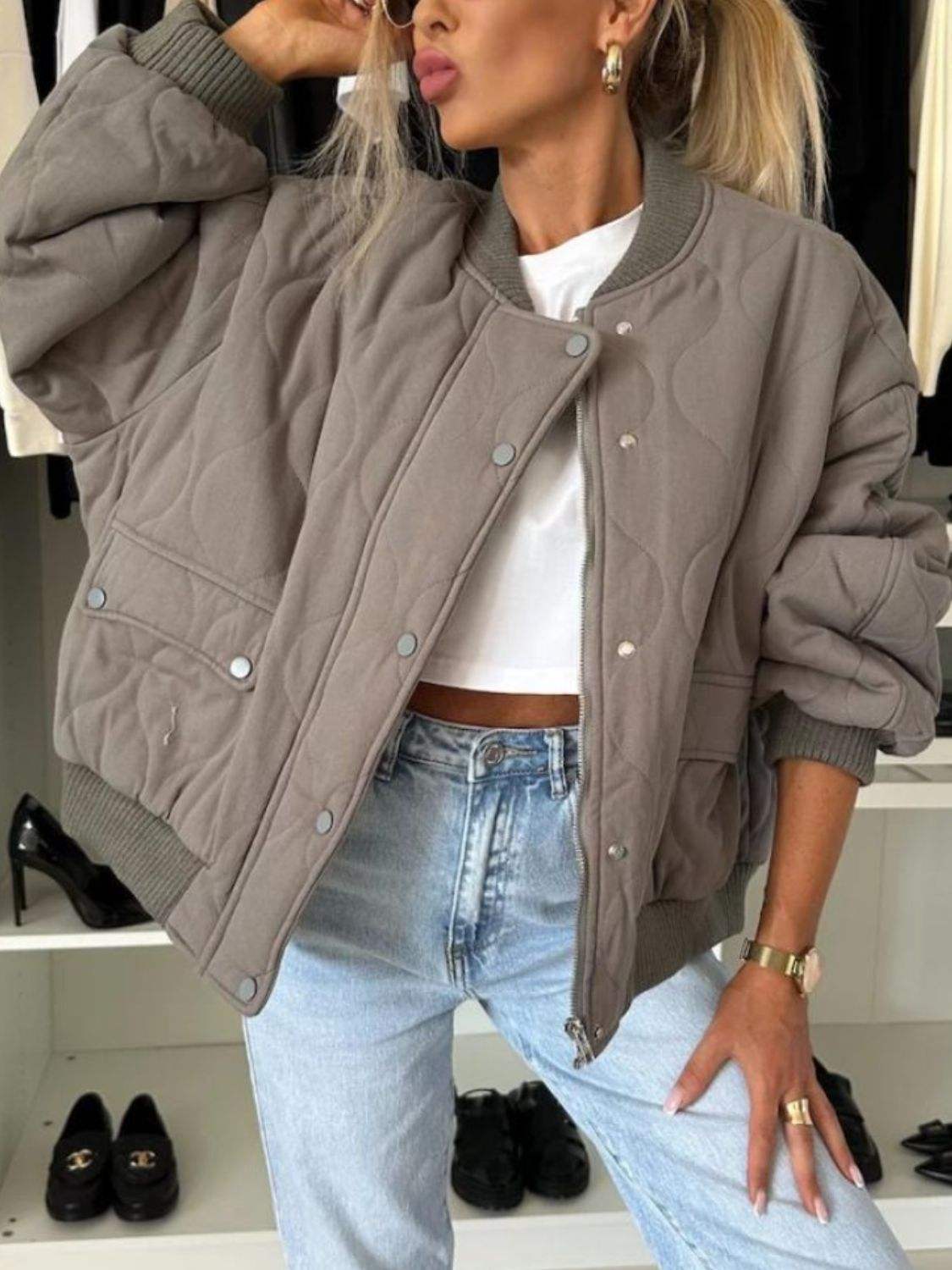 Baseball Collar Snap Down Long Sleeve Jacket - Trendsi - Flyclothing LLC