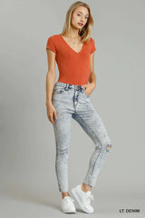 Umgee 5-Pockets Distressed Detail Stretch Denim Skinny Jeans with Unfinished Hem - Trendsi - Flyclothing LLC