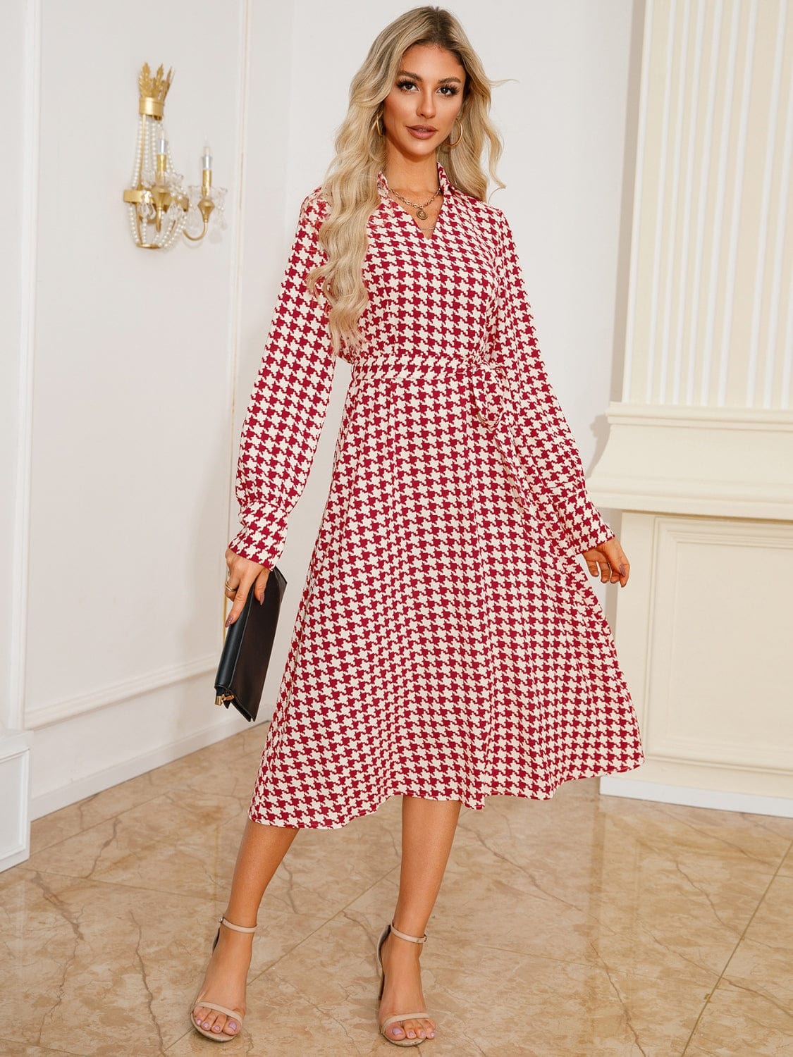 Tied Houndstooth Long Sleeve Midi Dress - Trendsi