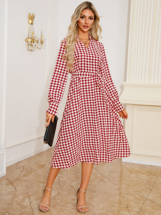 Tied Houndstooth Long Sleeve Midi Dress - Trendsi