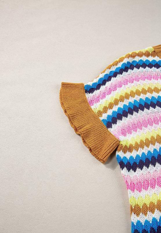 Contrast Round Neck Short Sleeve Sweater - Trendsi - Flyclothing LLC