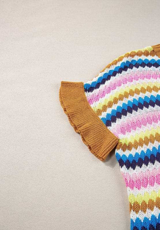 Contrast Round Neck Short Sleeve Sweater - Trendsi - Flyclothing LLC