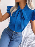 Ruffled Tie Neck Cap Sleeve Blouse - Trendsi
