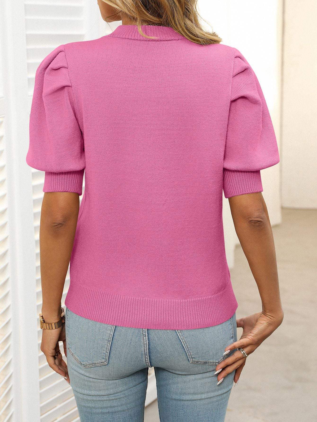 Mandy Mock Neck Puff Sleeve Sweater - Trendsi - Flyclothing LLC