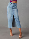 Raw Hem Front Slit Denim Midi Skirt - Trendsi