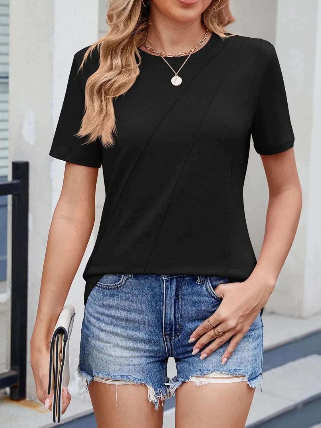 Round Neck Short Sleeve T-Shirt - Trendsi - Flyclothing LLC