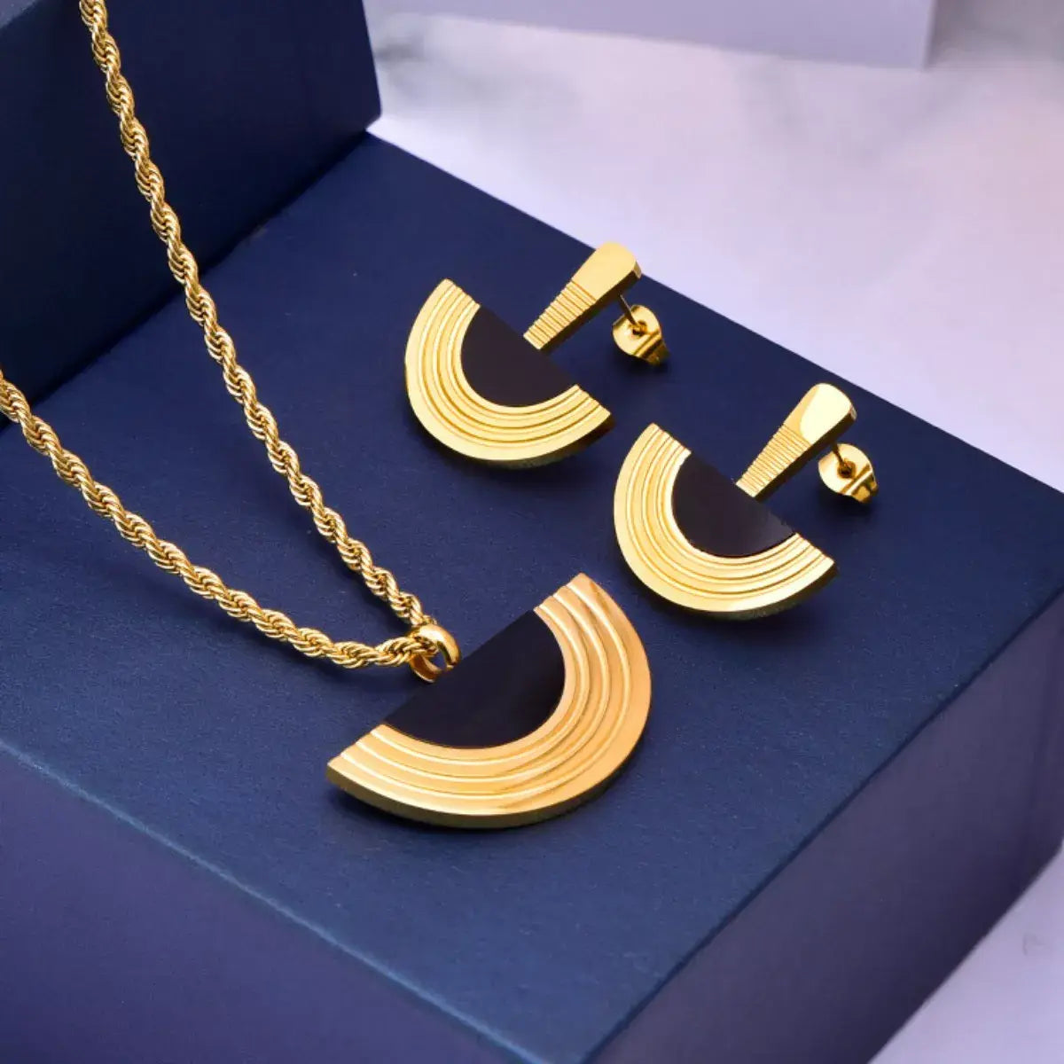 Geometric Half-Circle 18K Gold Plated Necklace Ring and Earrings Jewelry Set - Trendsi - Flyclothing LLC