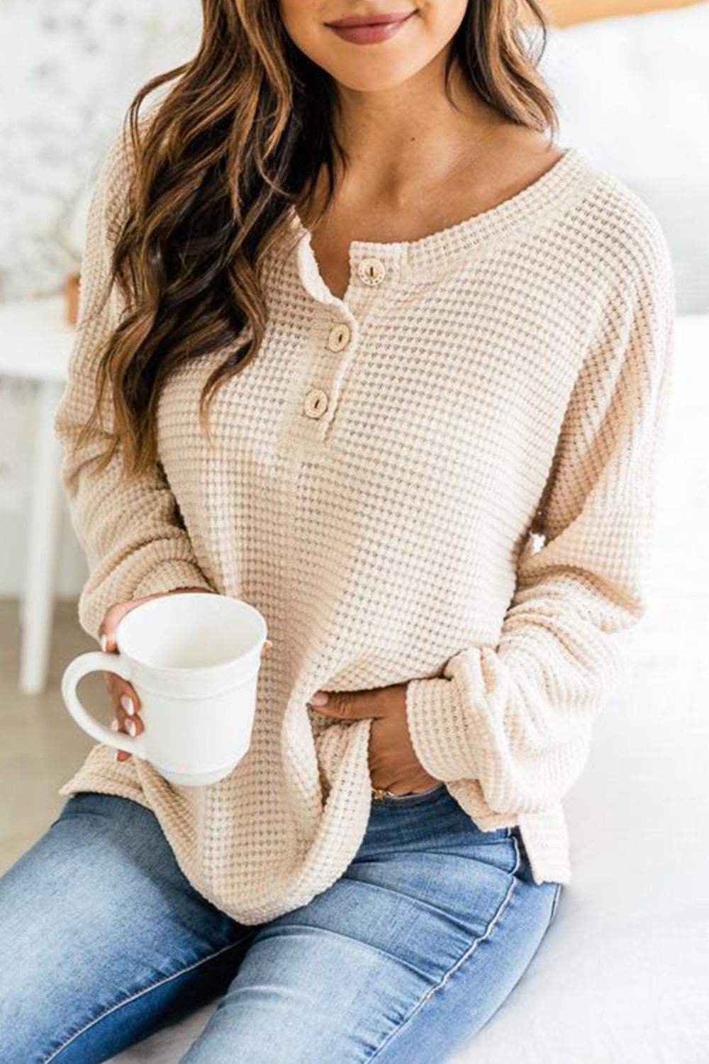 Slit Waffle Knit Long Sleeve T-Shirt - Trendsi - Flyclothing LLC