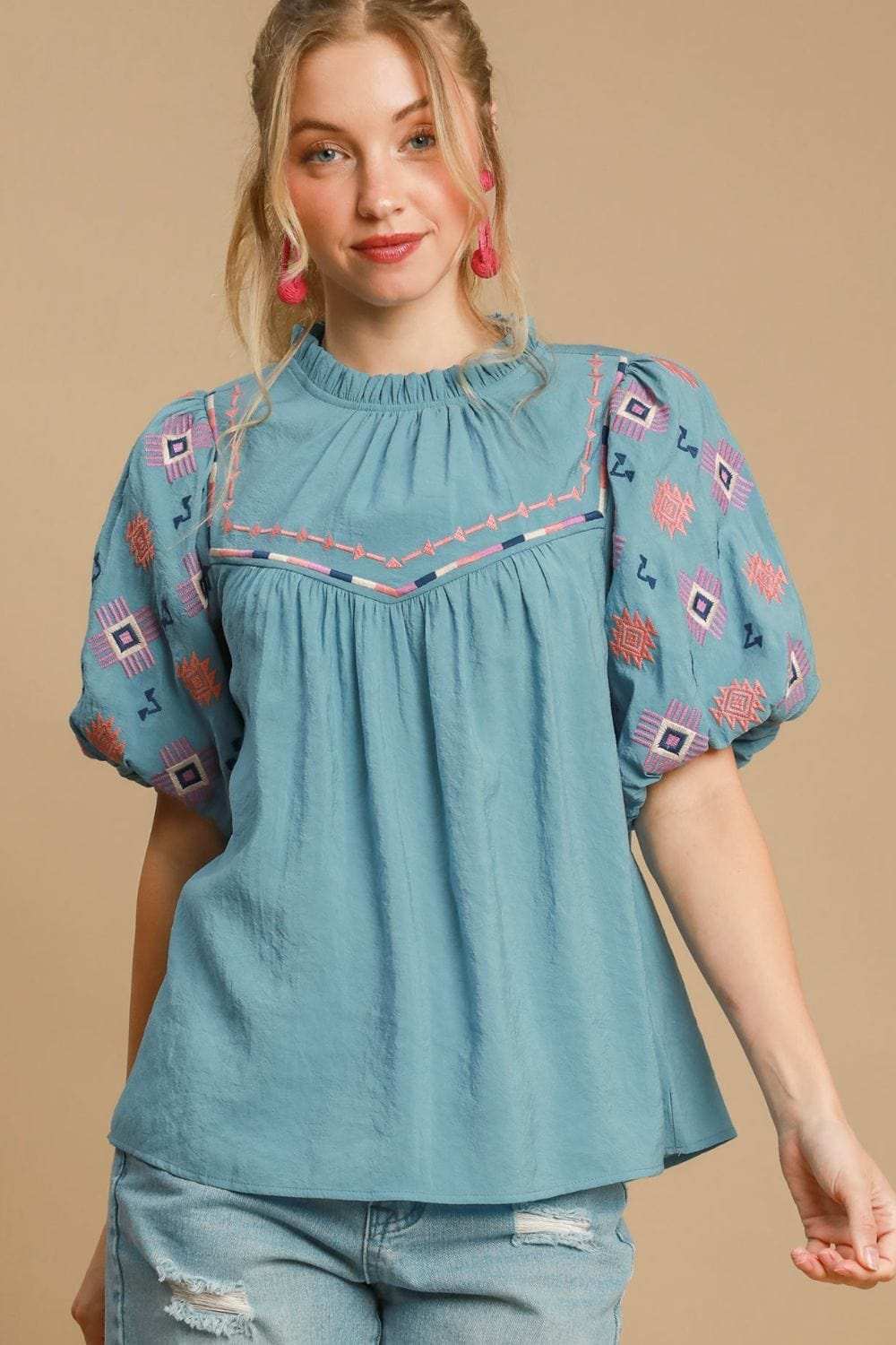 Umgee Full Size Embroidered Puff Sleeve Mock Neck Top Plus Size - Trendsi - Flyclothing LLC