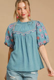 Umgee Full Size Embroidered Puff Sleeve Mock Neck Top Plus Size - Trendsi - Flyclothing LLC