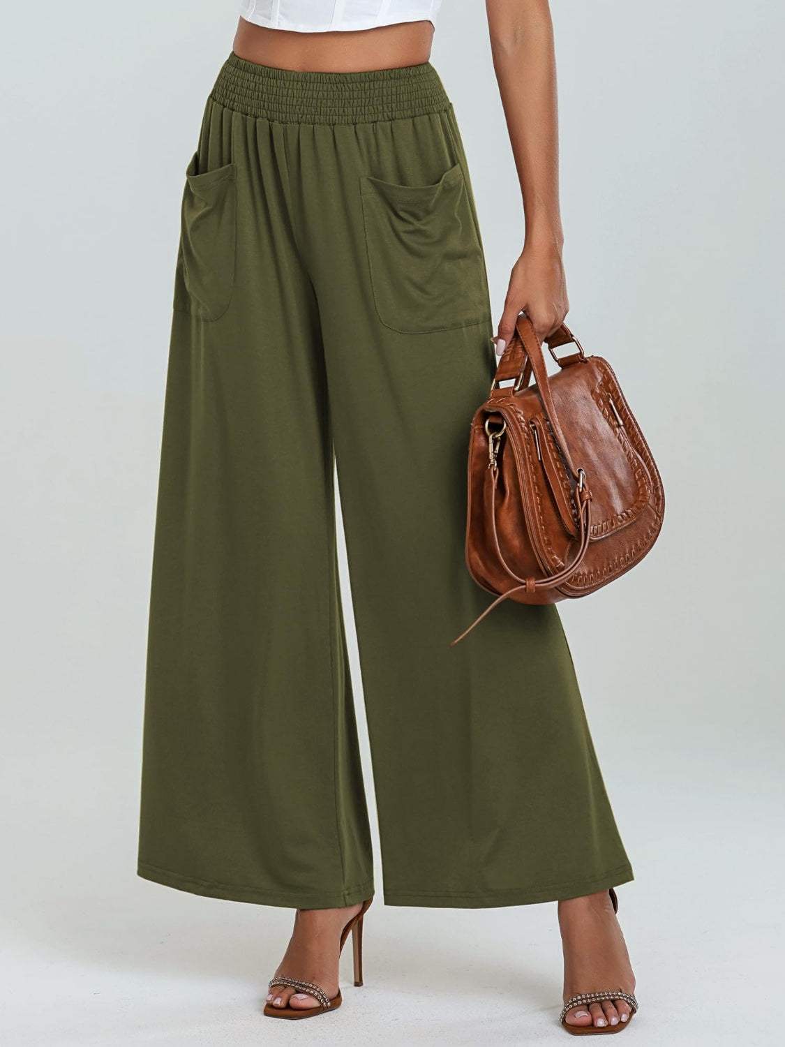 Pocketed Elastic Waist Wide Leg Pants - Trendsi - Flyclothing LLC