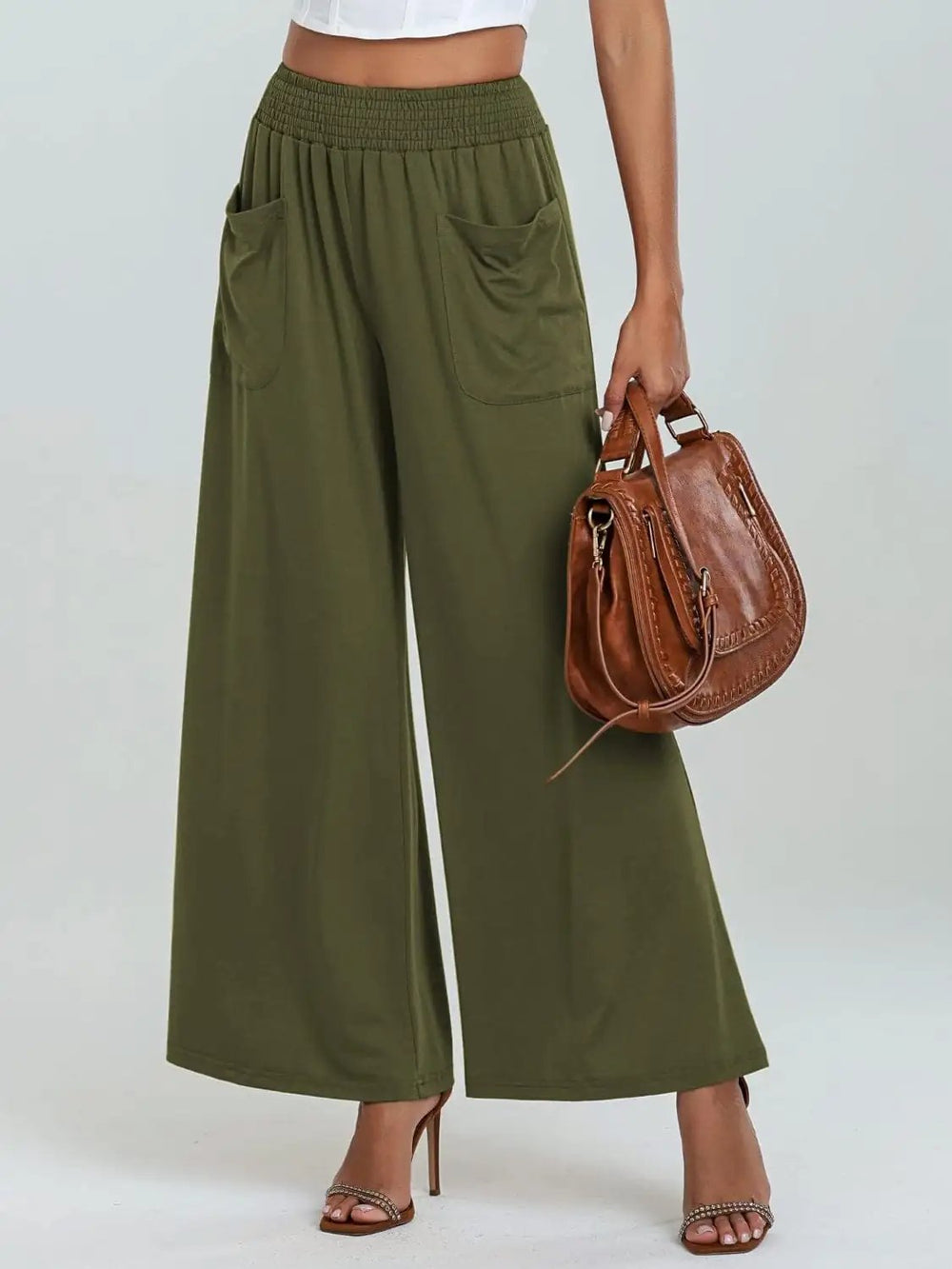 Pocketed Elastic Waist Wide Leg Pants - Trendsi