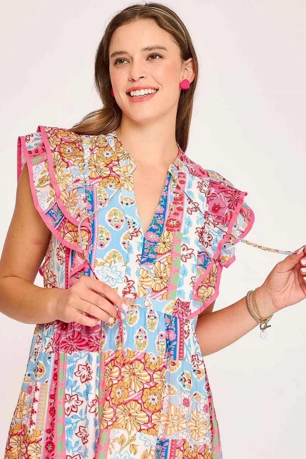 Umgee Full Size Tie Neck Double Layered Ruffle Sleeve Midi Dress Plus Size - Trendsi - Flyclothing LLC