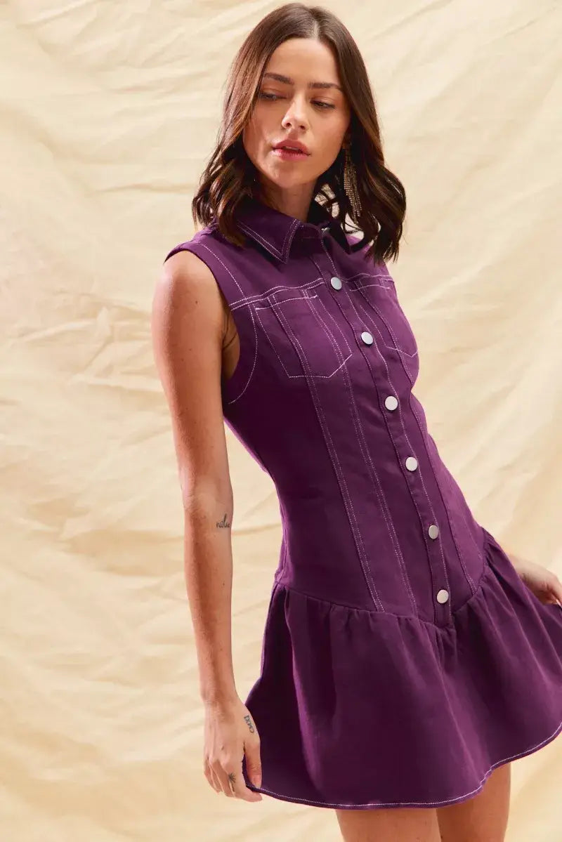 SO ME Button Down Sleeveless Collared Game Day Mini Dress - Trendsi - Flyclothing LLC