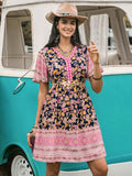 Printed V-Neck Short Sleeve Dress - Trendsi - Flyclothing LLC