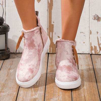 Lace-Up Round Toe Canvas Boots with Side Zip - Trendsi - Flyclothing LLC