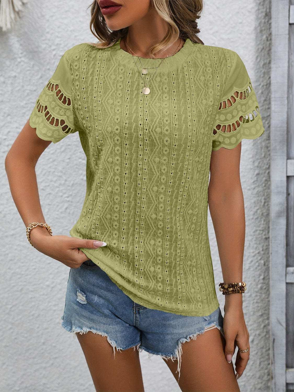 Full Size Eyelet Round Neck Short Sleeve Top - Trendsi - Flyclothing LLC