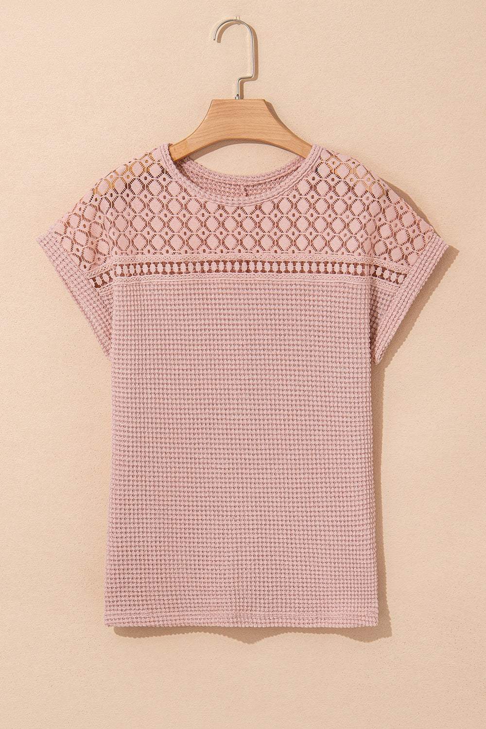 Lace Patchwork Waffle Short Sleeve Knit Top - Trendsi - Flyclothing LLC