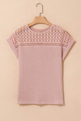 Lace Patchwork Waffle Short Sleeve Knit Top - Trendsi - Flyclothing LLC