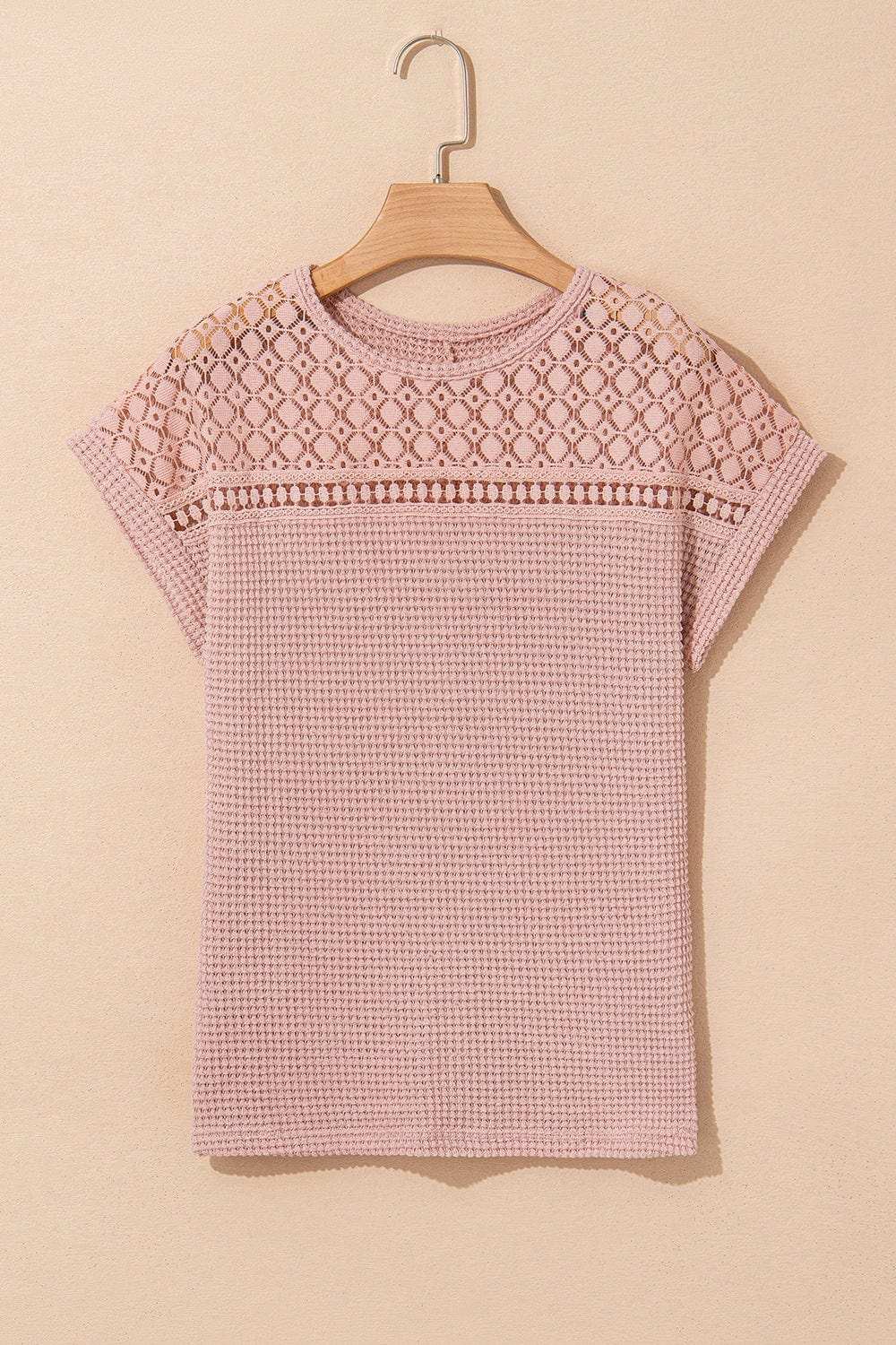 Lace Patchwork Waffle Short Sleeve Knit Top - Trendsi - Flyclothing LLC