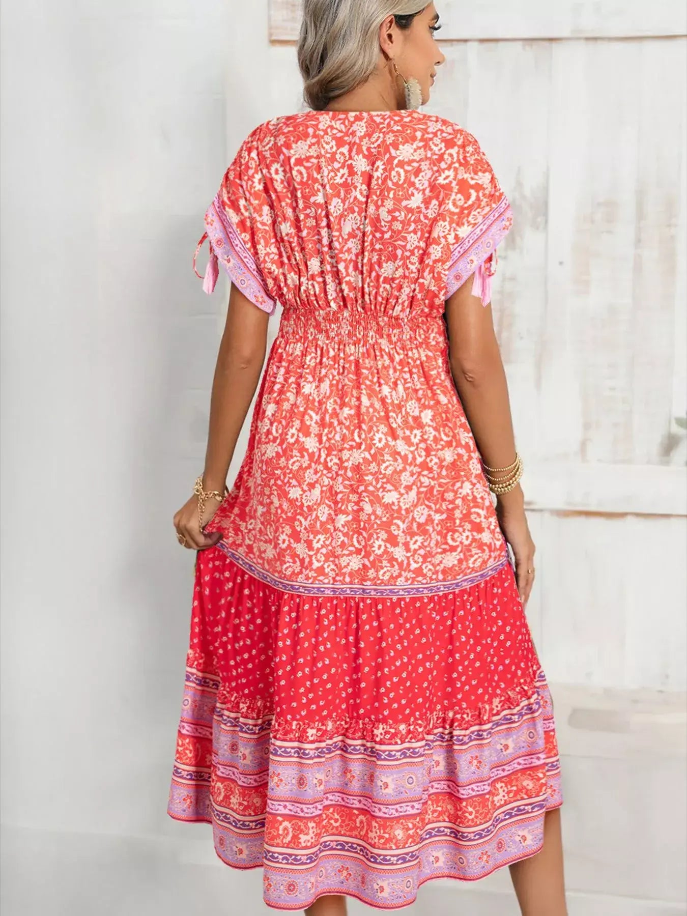 Floral Print Tasseled Tied Sleeve Empire Waist Dress - Trendsi - Flyclothing LLC