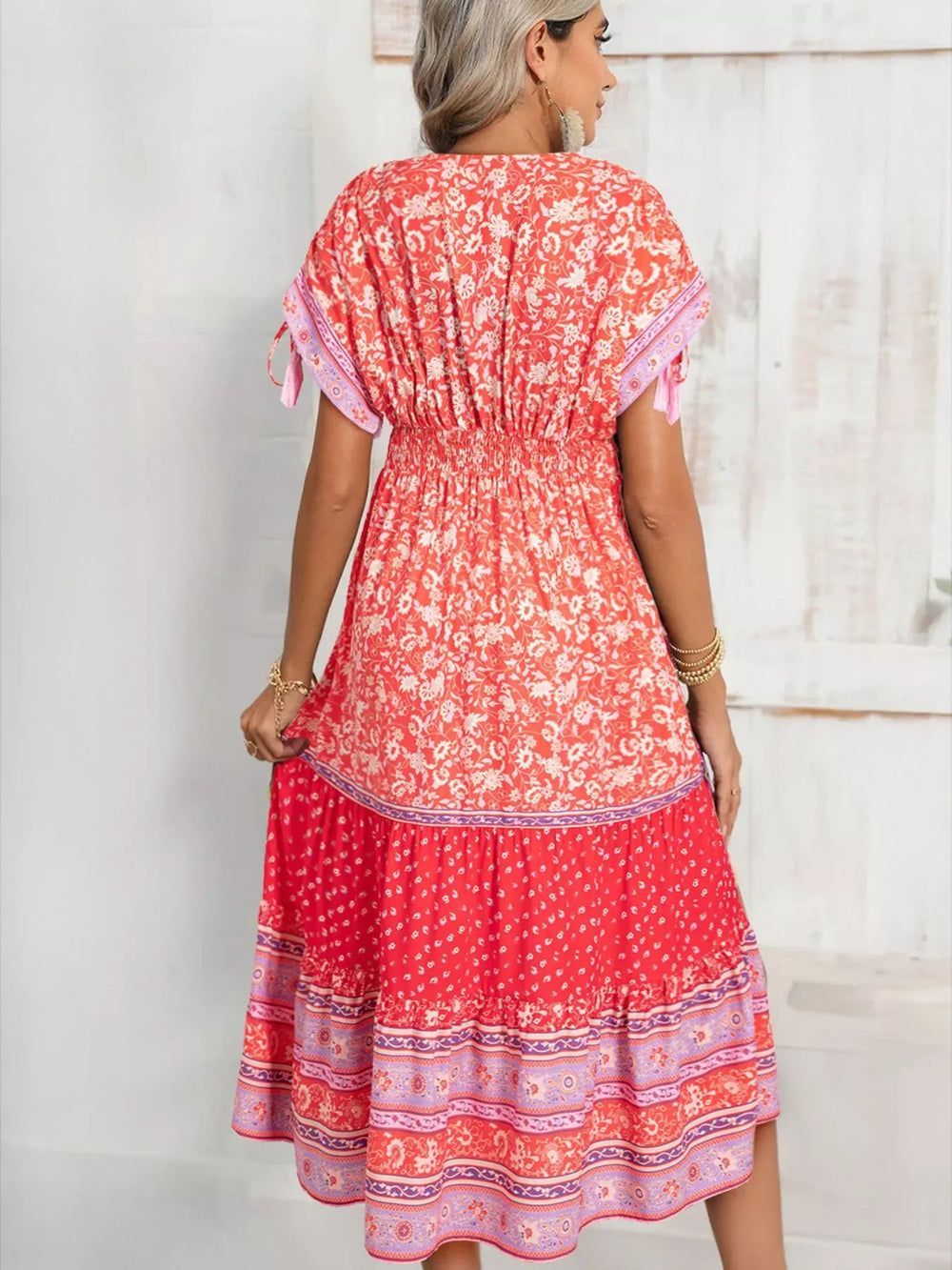 Floral Print Tasseled Tied Sleeve Empire Waist Dress - Trendsi - Flyclothing LLC