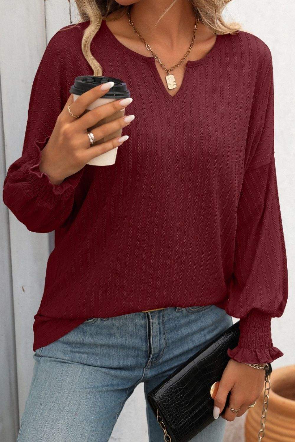 Textured Notched Lantern Sleeve T-Shirt - Trendsi - Flyclothing LLC