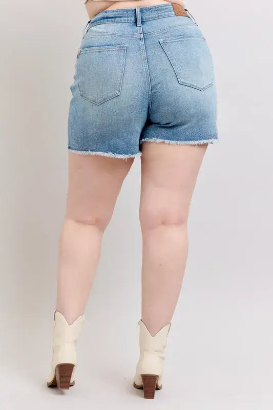 Judy Blue Full Size High Waist Western Embroidery Detail Cut Off Denim Shorts Plus Size - Trendsi - Flyclothing LLC