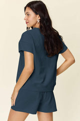 Double Take Full Size Texture Short Sleeve T-Shirt and Drawstring Shorts Set - Trendsi - Flyclothing LLC
