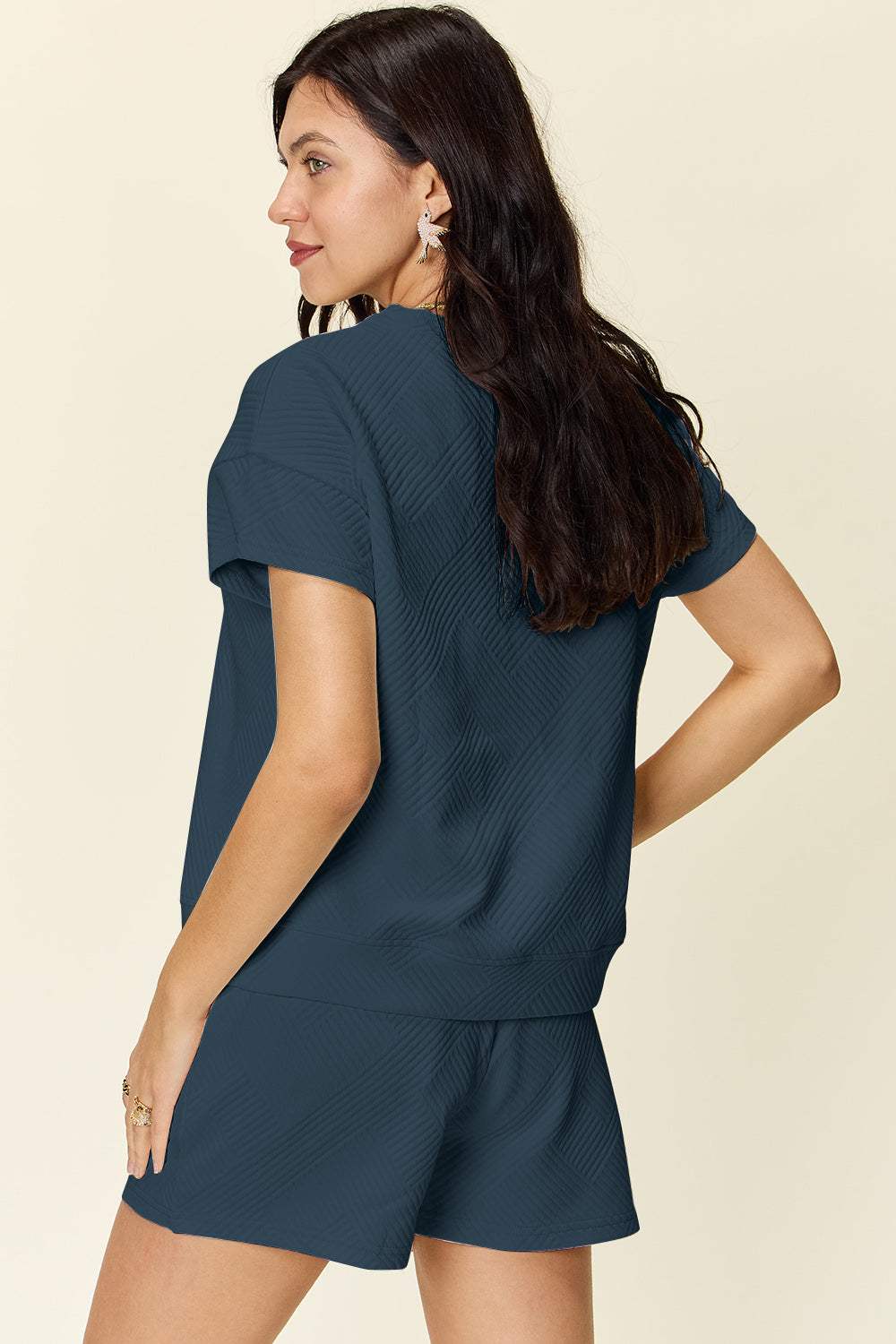 Double Take Full Size Texture Short Sleeve T-Shirt and Drawstring Shorts Set - Trendsi - Flyclothing LLC