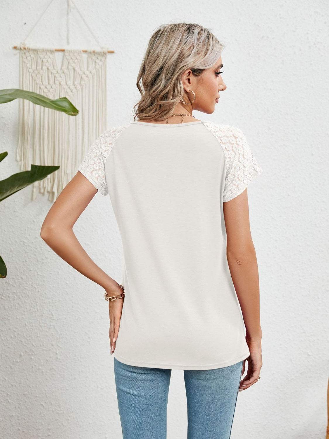 Lace Detail Round Neck Short Sleeve T-Shirt - Trendsi - Flyclothing LLC