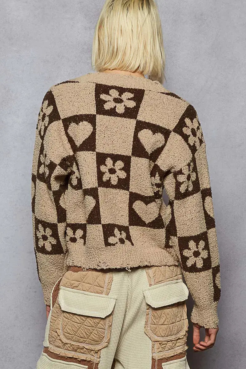 POL V-Neck Heart Pattern Checkered Sweater - Trendsi - Flyclothing LLC