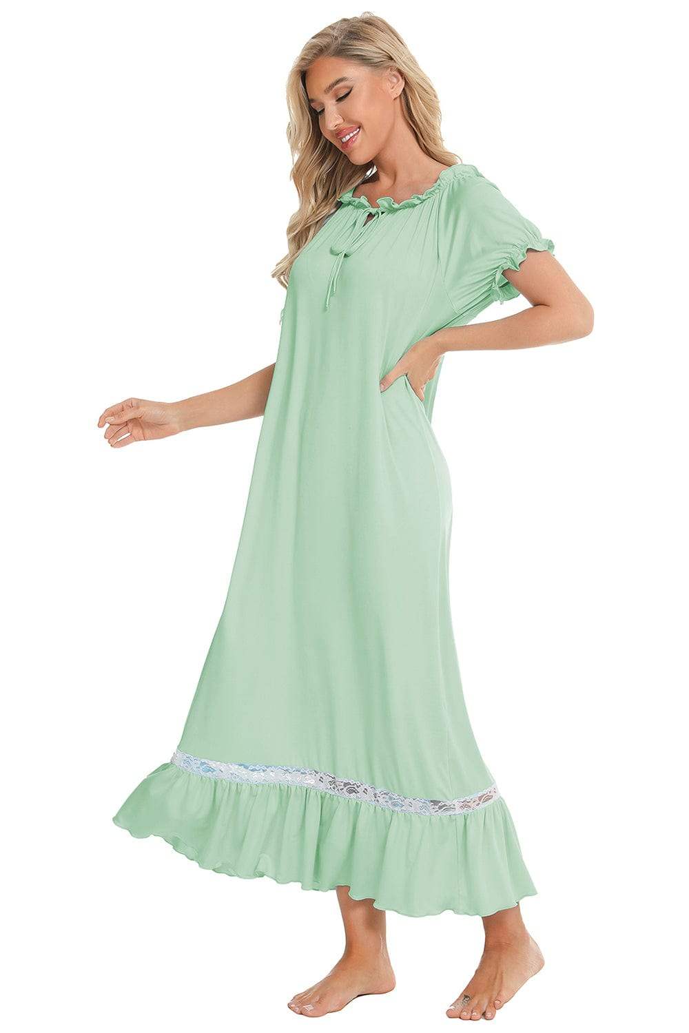 Lace Detail Short Sleeve Lounge Dress - Trendsi - Flyclothing LLC