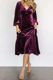 V-Neck Long Sleeve Midi Velvet Dress - Trendsi - Flyclothing LLC