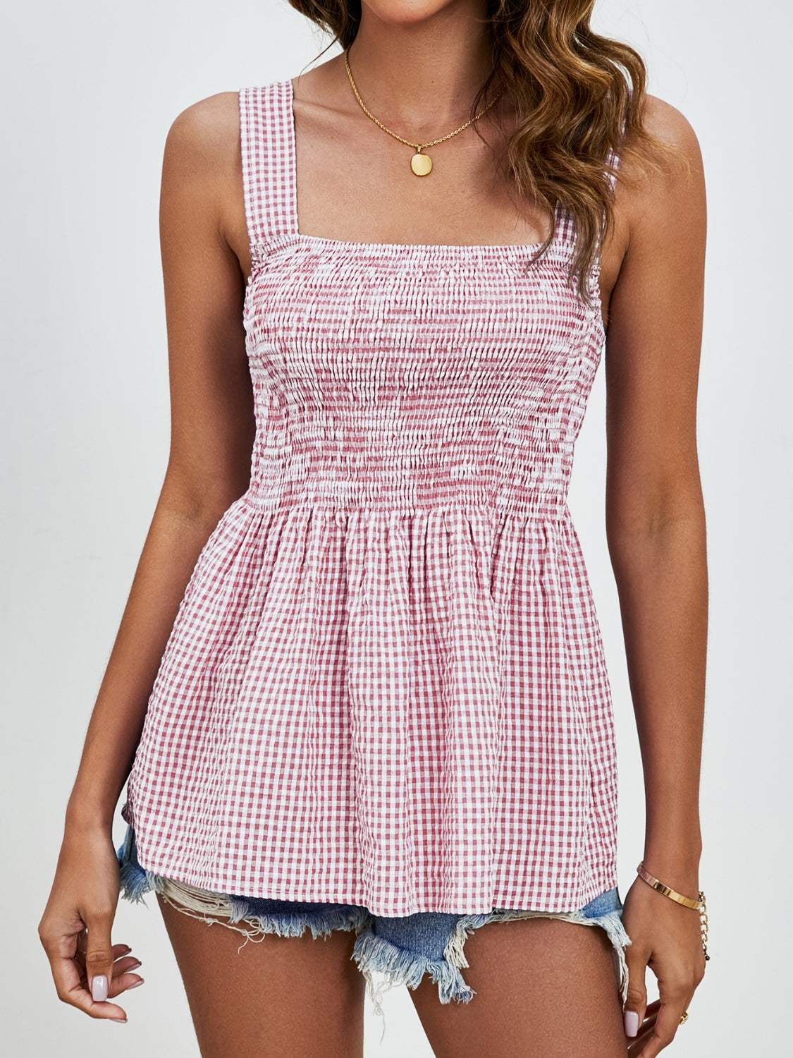 Smocked Plaid Square Neck Tank - Trendsi - Flyclothing LLC