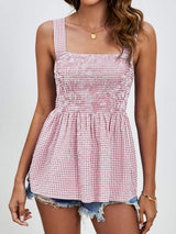 Smocked Plaid Square Neck Tank - Trendsi - Flyclothing LLC