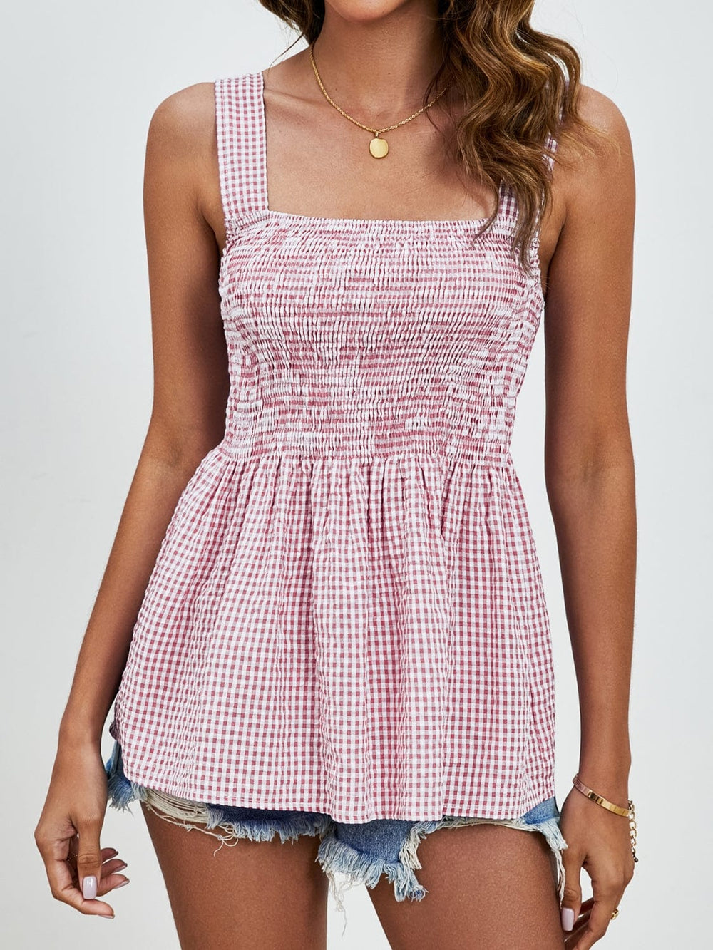 Smocked Plaid Square Neck Tank - Trendsi