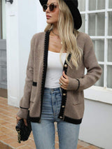 Contrast Trim Button Up Long Sleeve Cardigan - Trendsi - Flyclothing LLC