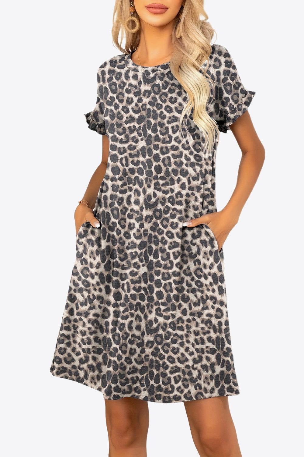 Flounce Sleeve Round Neck Dress with Pockets - Trendsi